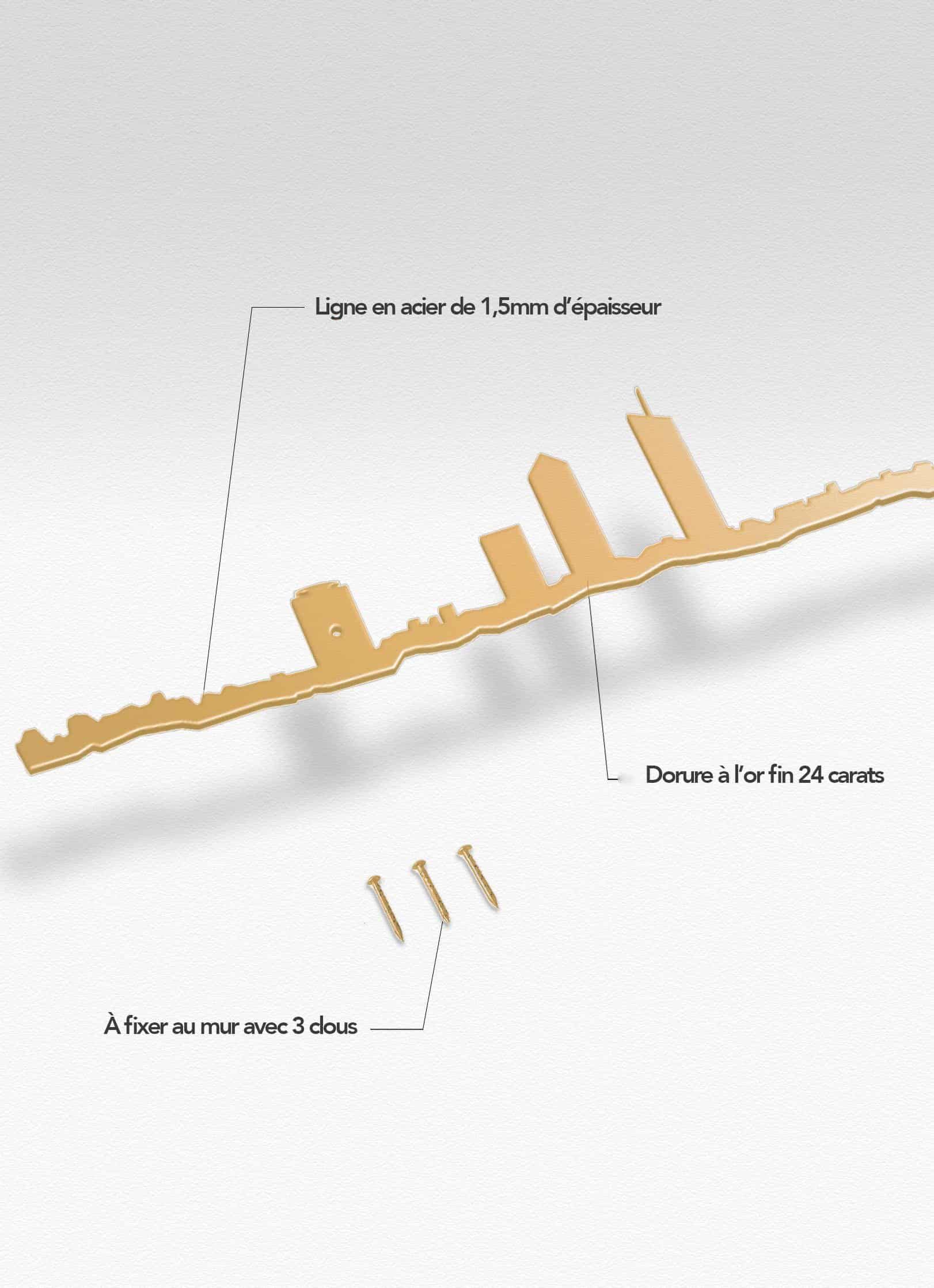 Présentation de la silhouette murale de la ville de Lyon doré
